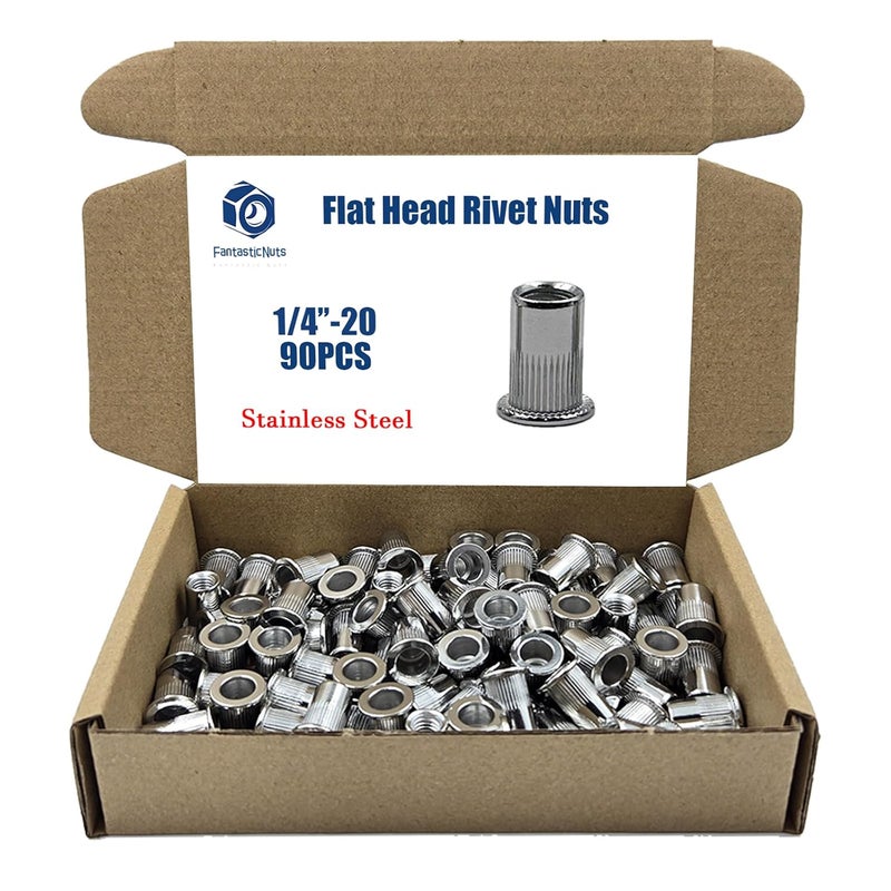 ELEFOCUS 1/4"-20 90PCS SAE Rivet Nut Ass 304 Stainless Steel Flat Head Threaded Rivet Insert Knurled Rivet Nuts - Image 1